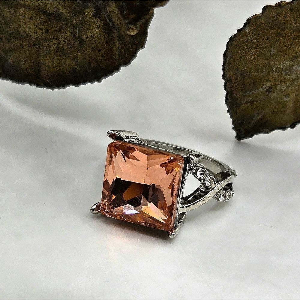 "5/$40" Silvertone Peach Square Glass Statement Ring Sz 6